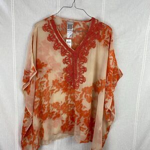 NWT Chico's Sz Small Medium Blood Orange Embroidered Poncho Caftan Tunic Top